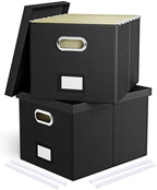 2 Pack File Storage Organizer Box, Portable Filing With Lid, Fit for Letter/Legal Folder Storage, Black (Leather) by Oterri