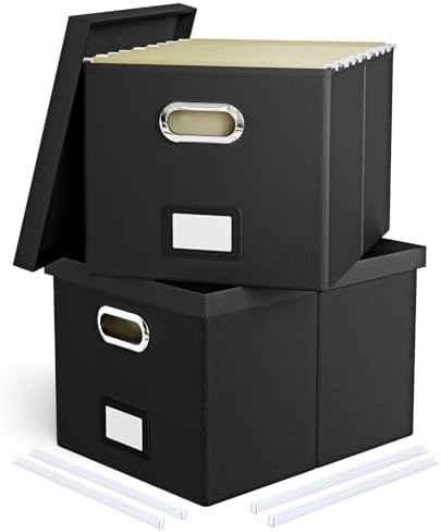 2 Pack File Storage Organizer Box, Portable Filing With Lid, Fit for Letter/Legal Folder Storage, Black (Leather) by Oterri