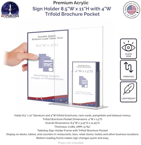 Marketing Holders Sign Holder for 8.5" x 11" Signs Countertop Display with 4" Wide Brochure Pocket for Graphic Images in Offices and Stores Clear Acrylic T Shaped Double Sided Bottom Load - Image 2