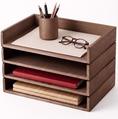 Yeaqee 4 Pcs Stackable Organizer Tray Wood Desk Organizer, Dark Wood Color by Yeaqee