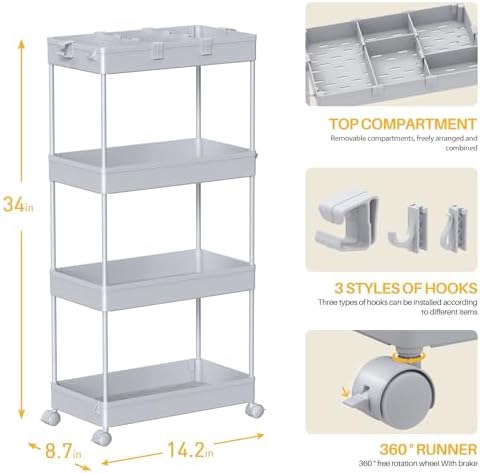SPACELEAD 4 Tier Rolling Cart with Wheels, Storage Craft Art Trolley Organizer Serving, 3 Hanging Baskets Easy Assembly, for Office, Living Room, Kitchen - Image 5