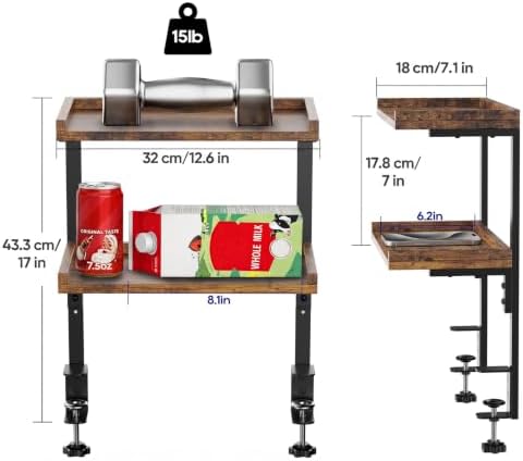Clamp On Desk Shelf 2-Tier, 12.6 inche Wood Shelving Unit for Office Desk/Gaming Accessories, Tabletop Book Storage Rack, Shelf for Top & Under of Desk, Brown - Image 3