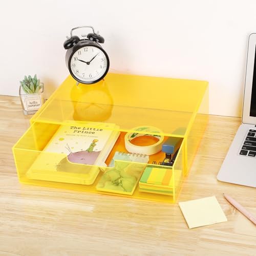 Gelite Acrylic Desk Organizer with Drawer for Makeup Vanity Stackable Desktop Storage Box for Office Supplies, 13.8 x 9.8 x 3.9’’, Neon Yellow - Image 7