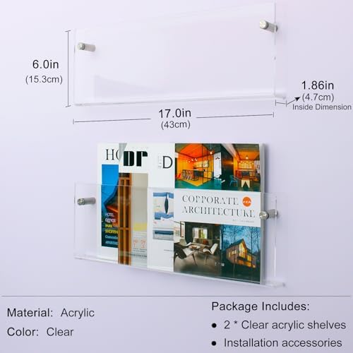 2 Pack Clear Acrylic Magazine Holder, Wall Mount Hanging Bookshelf Literature Storage Rack, Brochure File Display Shelf for Waiting Room, Living Room, Office, Home - Image 2