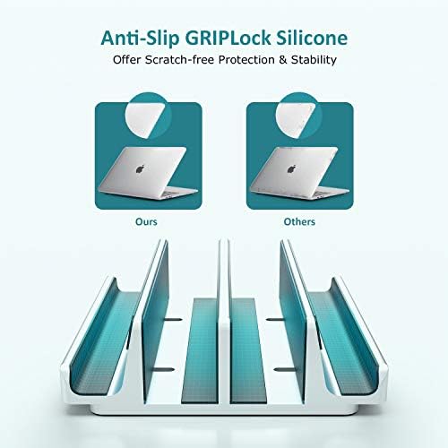 Vertical Laptop Stand - SPACEMax Adjustable GRIPLock Anti-Tip Silicone 4 Slots Aluminum Desktop Holder - Double Dock Stand - 2 Phone Slots Fits Up to 17.3” Laptops, Tablets, Phones - Silver - Image 5