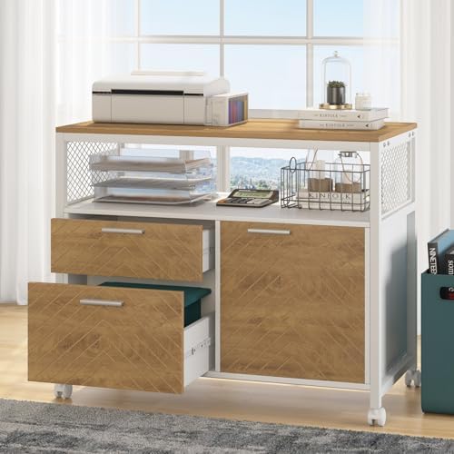 Tribesigns Modern File Cabinet with Drawers for Letter-Sized File and Door, Lockable lateral Filing Cabinet Printer Stand with Storage Shelves and with Rolling Caster for Home Office (Light Walnut) - Image 4