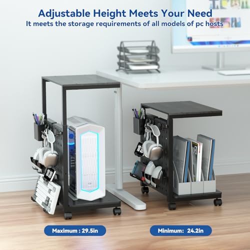 Computer Tower Stand with Pegboard Organizer, Height Adjustable 2-Tier PC Tower Shelf for Floor with Accessories, CPU Holder Cart with Locking Wheels for Most PC Gaming Home Office, 24.2-29.5" - Image 5