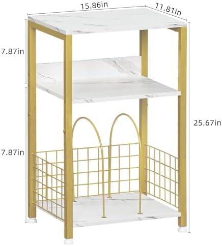 LELELINKY Side Table,White Marble Night Stand with Golden Metal Frame,3 Tier Industrial Wooden Record Player Stand with Vinyl Storage Shelf ,End Tables for Living Room Bedroom Small Spaces - Image 4