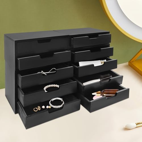 4-Piece Wooden Stackable Drawer Cabinet Set - Desktop Storage Organizer with 10 Drawers, Sturdy Design for Home/Office, No Assembly, Space-Saving, Durable (Black) - Image 2