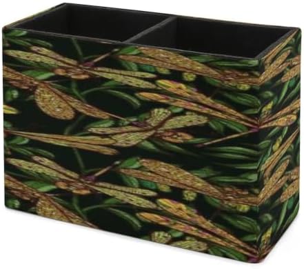 PU Leather Multi-Compartment Pen Holder Desktop Organizer Pencil Cup Storage Caddy for Office Home Supplies Hand Drawn Vintagel Pattern with Dragonflies And Olive Branches - Image 7