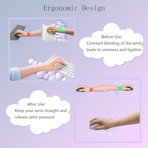 Cloud Mouse Pad and Keyboard Wrist Rest 4PCS Extended Large Desk Mat Pad Set Memory Foam Non-Slip Ergonomic Gaming Mouse Pad Wrist Support for Computer Laptop Home Office Cute Pink Blue Sky - Image 6