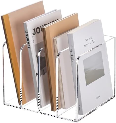 YUXUN Acrylic Magazine Holder,Clear Desk Organizer File Sorter for Notebook,Paper,Envelope,Magazine, Book Storage-Office/Home/Classroom Organization(4 Compartments,B5) by AcrylicBusinessCardHold