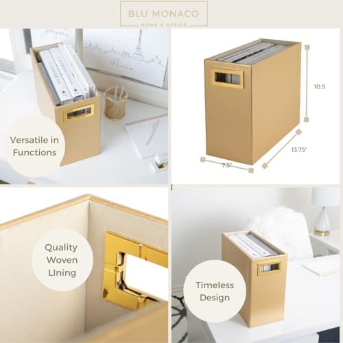 BLU MONACO | Magazine Holder Wooden Gold Basket | Vertical File Organizer for Floor or Bathroom | Narrow Decorative Storage Rack with Handles - Image 4