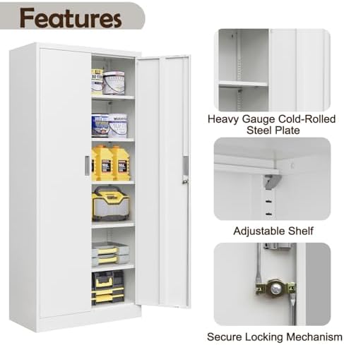 CJF 71" H Metal Storage Cabinet, Locking Cabinet with 2 Doors and 5 Adjustable Shelves, White Tall Cabinet for Garage, Home, Office, Pantry, Workshop, School - Image 5