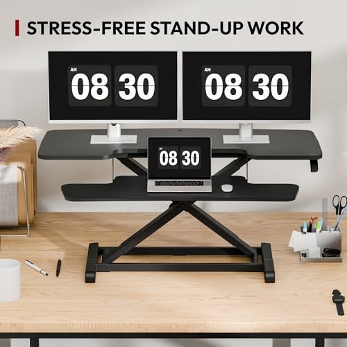 SANODESK 42" Extra Large Standing Desk Converter, Height Adjustable Sit Stand Riser with Wide Keyboard Tray, Dual Monitor Workstation for Home Office, Ergonomic Desktop Riser, Black - Image 3