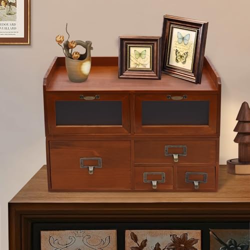 6-Drawer Desktop Organizing Cabinet, Office Supplies Organizer Chest, Vintage Countertop Storage Cabinet, Classic Wood Drawers for Home Office (6 Drawers) - Image 2