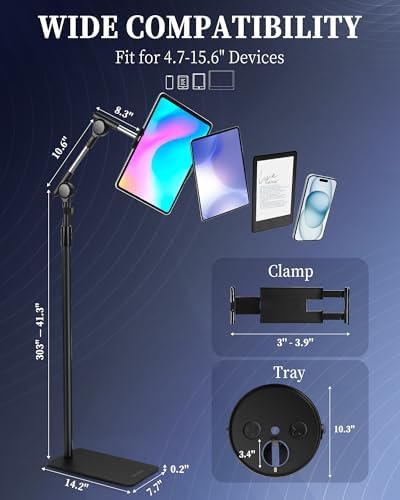 SHUWEI Tablet Floor Stand with Tray, 63" Adjustable Height, Fits 4.7-15.6" - Image 4