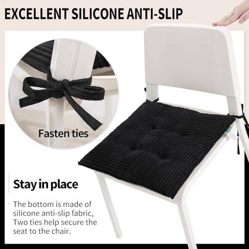 Office Stacking Chair Cushions 4 Pack, Corduroy High Density Foam Kitchen Seat Cushions with Ties, Square 17" x 17" Indoor Non-Slip Dining Chair Pads, Black, 4pcs - Image 4