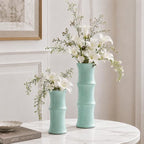 Sage Green Ceramic Bamboo-Inspired Flower Vase Set of 2, Modern Home Decor - Image 3