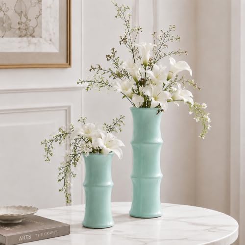 Sage Green Ceramic Bamboo-Inspired Flower Vase Set of 2, Modern Home Decor - Image 3