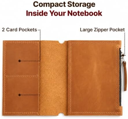 Leather Insert for Pocket Size Notebook (4" x 5.1") – Handmade Notebook Organizer with Card Slots & Zipper Pocket, Refillable Journal Insert, Travel Notebook Insert, Planner Insert, Warm Brown - Image 3