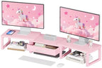 Desk Organizers and Accessories, Dual Monitor Stand Riser with Drawer, Computer Monitor Stand, Adjustable Desk Shelf for PC Laptop Printer TV, Pink by Unknown
