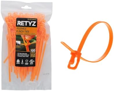 RETYZ 6-Inch Orange Reusable Releasable Cable Ties – 100 Pack, 50 lb Strength, Patented Quick-Release, Tool-Free Design for Home, Office, and Light Industrial Use by RETYZ