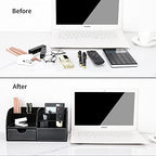 KINGFOM Pu Leather Desk Organizer Pen Pencil Holder Office Supplies Caddy Storage Box 6 Compartments with Drawer Black - Image 7
