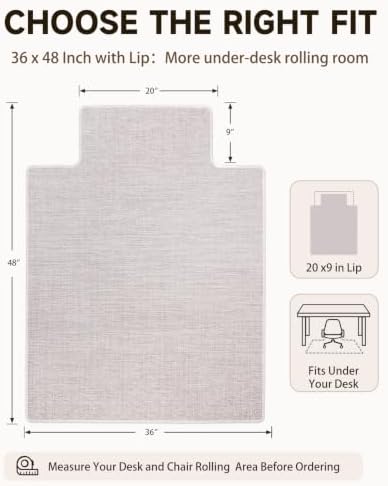 Funwheat Office Chair Mat with Lip for Hard Floors, 36 x 48 in, Light Grey - Image 2