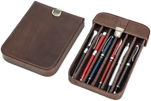 Hiram Vintage Leather 6-Pen Case Large Capacity Pen Holder with Brass Buckle Closure Travel Pouch for Fountain Pens Rollerballs by Hiram