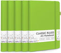 feela 5 Pack Notebooks Journals Bulk, Hardcover Notebook Classic Ruled Lined Journals with Pen Holder for Women Girls School Business Supplies, with 5 Black Pens, 120 GSM, 5.1”x8.3”, A5, Green by feela