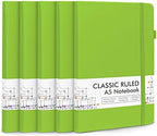 feela 5 Pack Notebooks Journals Bulk, Hardcover Notebook Classic Ruled Lined Journals with Pen Holder for Women Girls School Business Supplies, with 5 Black Pens, 120 GSM, 5.1”x8.3”, A5, Green by feela