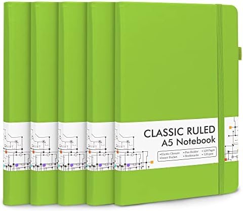 feela 5 Pack Notebooks Journals Bulk, Hardcover Notebook Classic Ruled Lined Journals with Pen Holder for Women Girls School Business Supplies, with 5 Black Pens, 120 GSM, 5.1”x8.3”, A5, Green by feela