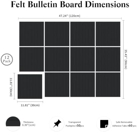 48" x 36" Large Felt Bulletin Board, Bold-Stripe 12-Pack Cork Boards | Fabric Bulletin Board with 60 Adhesive Tabs, 50 Pushpins, Felt Wall Tiles for Office Push Pin Board Felt Board, Black - Image 3