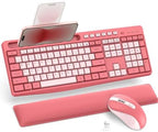 Pink Wireless Keyboard and Mouse Combo with Soft Wrist Rest & Phone Holder by Emetok