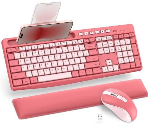 Pink Wireless Keyboard and Mouse Combo with Soft Wrist Rest & Phone Holder by Emetok