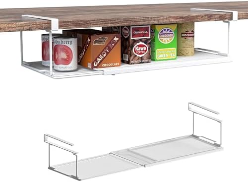 2 Pack Expandable Under Cabinet Shelf, Under Shelf Storage with 0.94 Inches Thick Clips for Kitchen Cupboard, Metal Hanging Under Desk Basket for Laundry Room, Cabinet, Shoe Rack by ROLIZOE