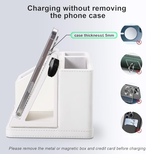 White Leather Desk Organizer with Wireless Charger – 3-in-1 Charging Station for Phone, Watch & Earbuds, 4-Compartment Remote & Office Supplies Caddy for Home Office, Gifts for Women & Men (white) - Image 6