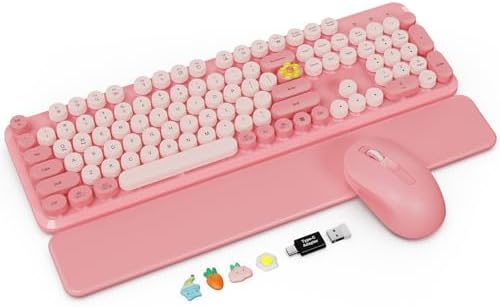 Wireless Keyboard and Mouse Combo, Pink, Round Keycaps, Magnetic Wrist Rest by Trueque