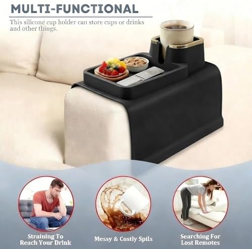 Luxury Gold Trim Couch Cup Holder Tray - Weighted Anti-Spill Midnight Black Silicone Sofa Armrest Organizer, Non-Slip Recliner Tray Table for Drinks, Remote, Phone - Fits Most Couch Arms - Image 6