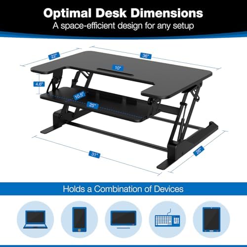 Mount-It! Standing Desk Converter - Height Adjustable Stand Up Desk with Gas Spring Riser - Wide 36 Inch Sit Stand Workstation Fits Dual Monitors – Black (MI-7926) - Image 2