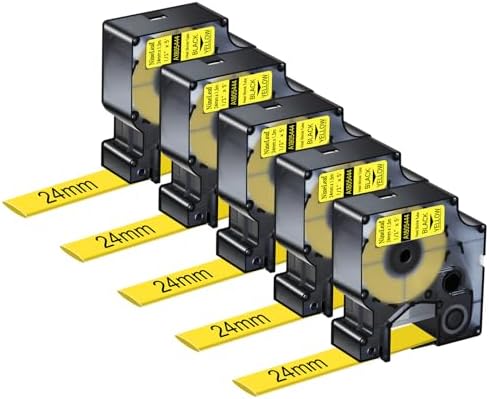 NineLeaf 5 Pack Compatible Labels Tape Replacement for Dymo 1805444 1 inch Black on Yellow Heat Shrink Tube Labels 24mm x 1.5m for Wires and Cables Use in Rhino 6000 6500 Label Maker by NineLeaf
