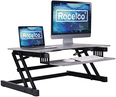 Rocelco 37.5" Deluxe Height Adjustable Standing Desk Converter - Quick Sit Stand Up Dual Monitor Riser - Gas Spring Assist Computer Workstation - Large Retractable Keyboard Tray - Gray (R DADRG) by Rocelco