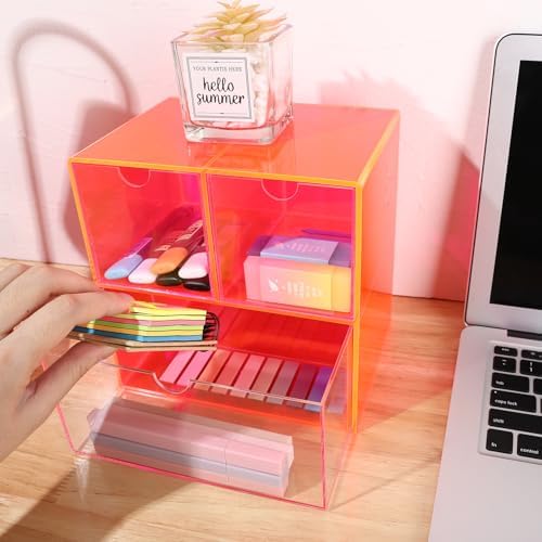 Gelite Desk Organizer with 3 Storage Drawers for Makeup Office Acrylic Desktop Drawer Organizer for Vanity Office Organization and Storage Box, Neon Pink - Image 3