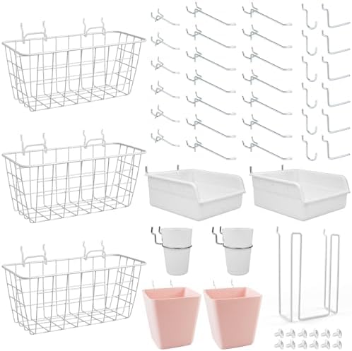 Pegboard Organizer Set 42Pack Peg Board Baskets Hooks Bins Cups(White Pink) by GCORE