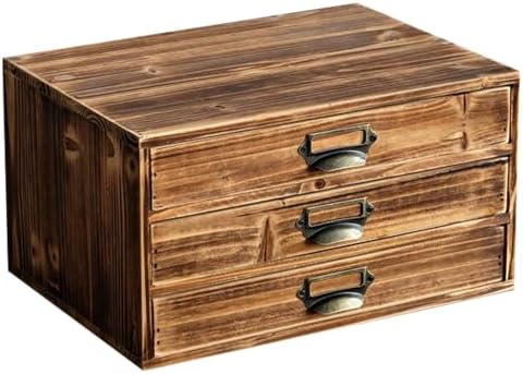 Stackable Modular Desktop Drawer Organizer, Solid Vintage Wood 3-Drawer Storage Unit with Label Pull Handles, Burnt Aged Wooden Japandi Style, Expandable by Adding More Units for Clutter-Free Spaces by Woodaholic