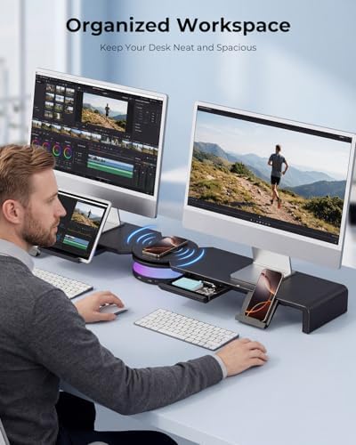 Klearlook Computer Monitor Stand Riser with Wireless Charging Pad, RGB LED Light Strip, USB 3.0 Hub (1A+1C), 48W Power Adapter, Desk Organizer for Home Office(Black-RGB) - Image 6