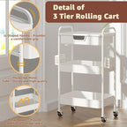 3 Tier Rolling Cart with Drawer, Metal Rolling Utility Cart on Wheels with Pegboard, Art Cart Storage Organizer with Tabletop for Living Room, Office, Bedroom (White) - Image 5