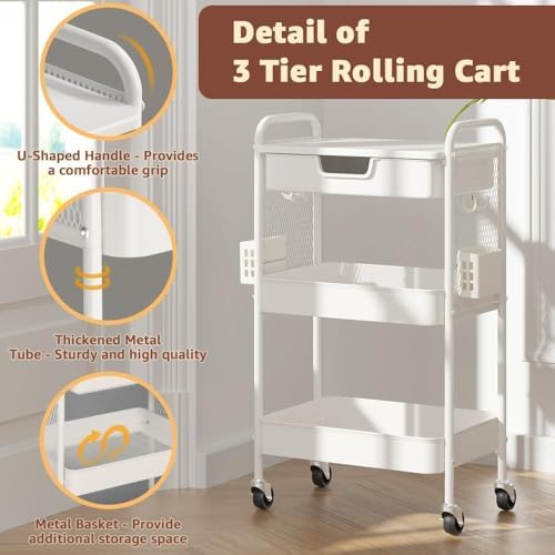 3 Tier Rolling Cart with Drawer, Metal Rolling Utility Cart on Wheels with Pegboard, Art Cart Storage Organizer with Tabletop for Living Room, Office, Bedroom (White) - Image 5