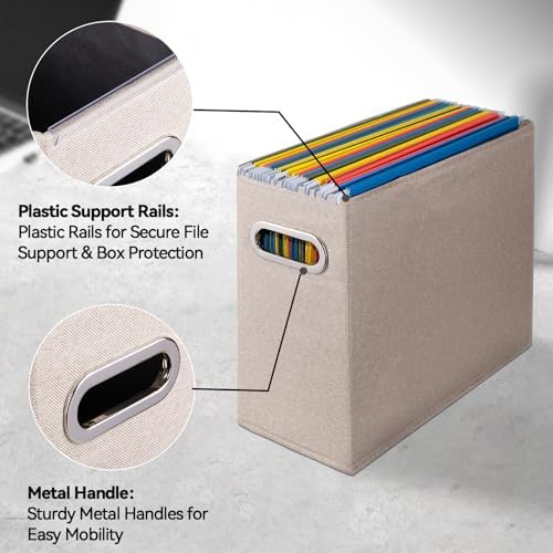 8 Pack Letter Size File Storage Box Collapsible，Fabric Hanging File Folders Organizer, Portable Office Document Holder with Metal Handle, Smooth PVC Rails, Beige - Image 4